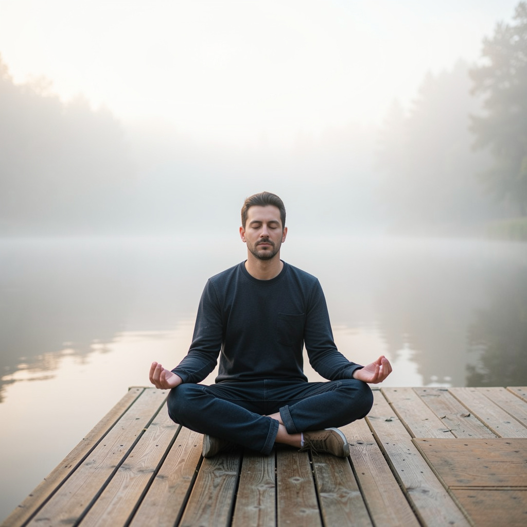 Person practicing mindful awareness in a peaceful setting